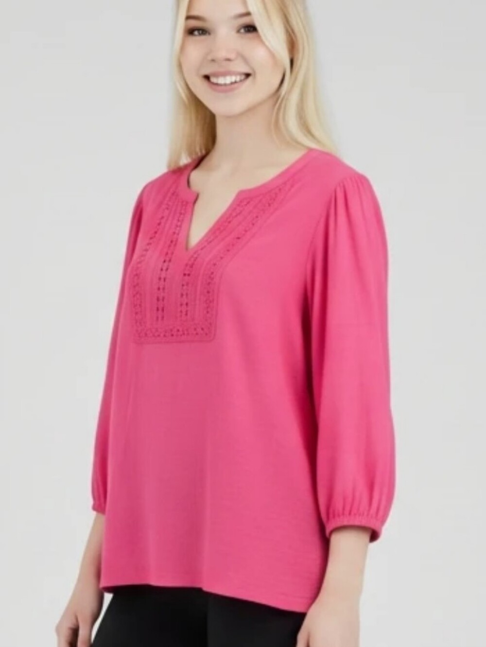 Nanette Lepore Women's Hot Pink Peasant Embroidered V-Neck Blouse SZ XL